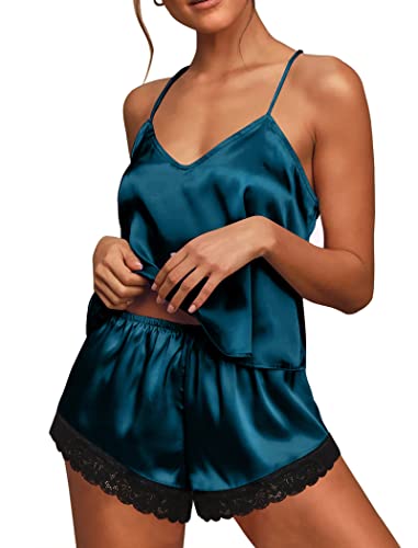 Ekouaer Damen Schlafanzug Set Satin Pyjama Kurz Sommer Ärmellos Schlafanzüge Sexy, Dunkelgrün S von Ekouaer