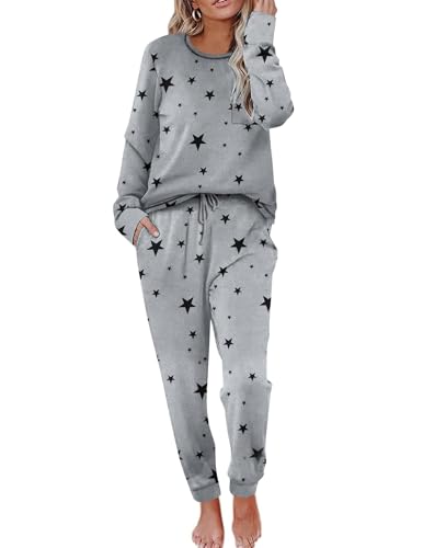 Ekouaer Damen Schlafanzug Star Pyjama Set Rundhals Schlafanzüge Winter Pyjama weich Lounge Set Zweiteiliger Hausanzug Loungewear,Grau-Schwarz,L von Ekouaer