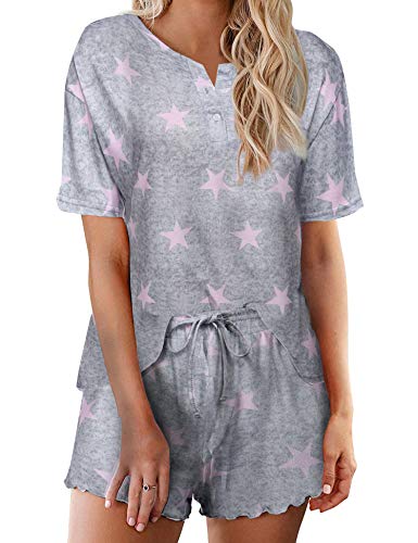 Ekouaer Schlafanzug Damen Kurz Baumwolle Zweiteiliger Pyjama Set Kurzarm Nachtwäsche Sleepwear Hausanzug Loungewear Rosa Sterne M von Ekouaer