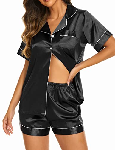 Ekouaer Damen Schlafanzug mit Knopfleiste Kurzarm Nachtwäsche Satin Pyjamas Set Zweiteiliger Nachtwäsche Hausanzug,Schwarz,M von Ekouaer