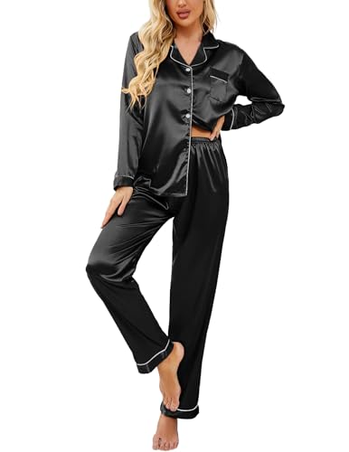 Ekouaer Schlafanzug Damen Seide Pyjama Set mit Knopf Frauen Seide Schlafanzug Damen Seide Lang Zweiteiliger Pjs Sets Hausanzug,Schwarz,L von Ekouaer