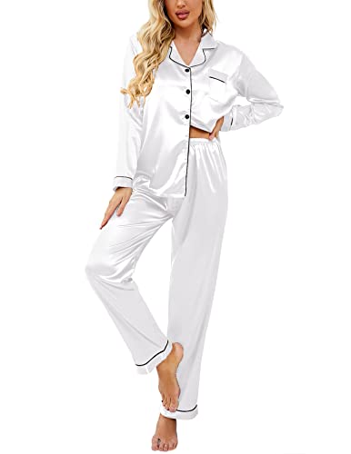 Ekouaer Satin Damen Schlafanzug mit Knopfleiste Langarm Seide Pyjama Set Zweiteiler Damen Elegant,Weiß,S von Ekouaer