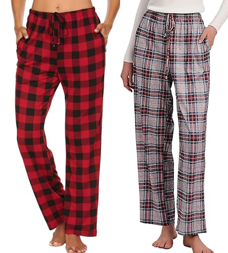 Ekouaer Damen Schlafanzughose Lang Baumwolle Pyjamahose Nachtwäsche Lange Freizeit Hose mit Taschen und Kordelzug Rot XL von Ekouaer