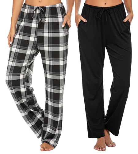 Ekouaer Damen Schlafanzughose Lang Baumwolle Pyjamahose Nachtwäsche Lange Freizeit Hose mit Taschen und Kordelzug Schwarz XL von Ekouaer