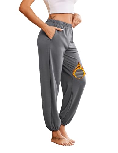 Ekouaer Damen Schlafanzughose Lang Jogginghose Warm Loungehose Freizeithose Nachtwäsche Hosen mit Taschen Pyjamahose Dunkelgrau M von Ekouaer