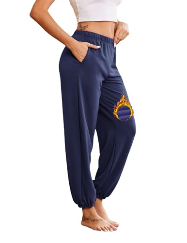 Ekouaer Damen Schlafanzughose Lang Jogginghose Warm Loungehose Freizeithose Nachtwäsche Hosen mit Taschen Pyjamahose Marineblau S von Ekouaer
