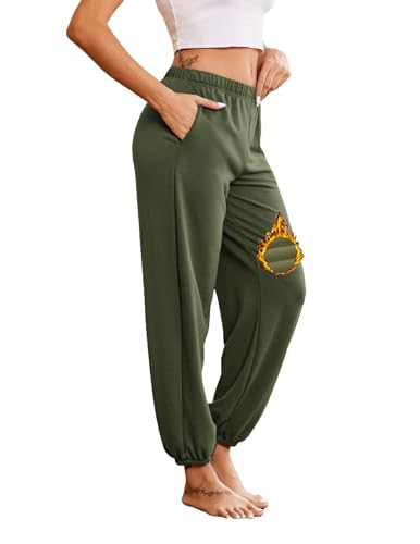 Ekouaer Damen Schlafanzughose Lang Jogginghose Warm Loungehose Freizeithose Nachtwäsche Hosen mit Taschen Pyjamahose Olivegrün M von Ekouaer