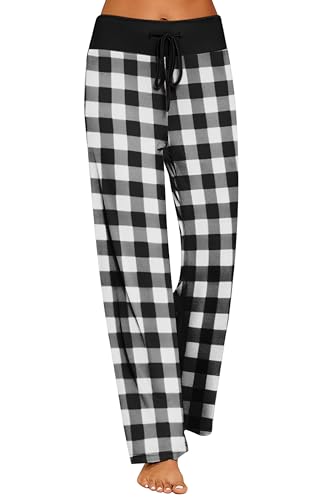 Ekouaer Damen Schlafanzughose Pyjama Hosen Damen Karierte Schlafhose mit Kordelzug Loungehose Schwarz Weiß L von Ekouaer