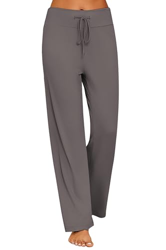 Ekouaer Damen Schlafanzughose Lang Schlafhosen Damen Schlafhose Yoga Hose Damen Lang nge Stretch Loungehose mit Kordelzug Grau XL von Ekouaer