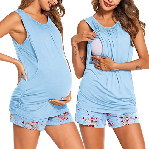 Ekouaer Damen Shlafanzug mit Stillfunktion Ärmellos Pyjama Set für Schwangere Kurz Hose mit Verstellbarem Elastischem Bund & Stillshirt Blumen blau M von Ekouaer