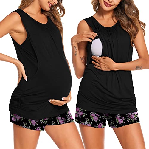 Ekouaer Damen Shlafanzug mit Stillfunktion Ärmellos Pyjama Set für Schwangere Kurz Hose mit Verstellbarem Elastischem Bund & Stillshirt Blumen schwarz M von Ekouaer