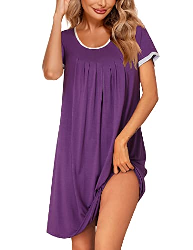 Ekouaer Damen Sleepshirt Kurzarm Nachthemd große größen Schlafshirt Rundhals Kurz Nightdress Locker, Lila, XXL von Ekouaer