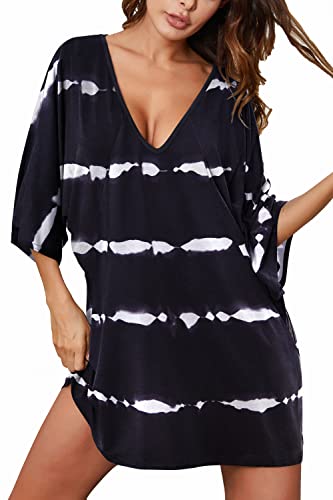 Ekouaer Damen Sleepshirt Tiefer V-Ausschnitt Nachthemd Fledermaus-Nachthemd Übergroße Nachtwäsche S-4XL, Schwarz gestreift, X-Large von Ekouaer