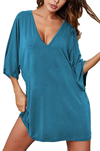 Ekouaer Damen Sleepshirt Tiefer V-Ausschnitt Nachthemd Fledermaus-Nachthemd Übergroße Nachtwäsche S-4XL, blau/grün, 4X-Large von Ekouaer