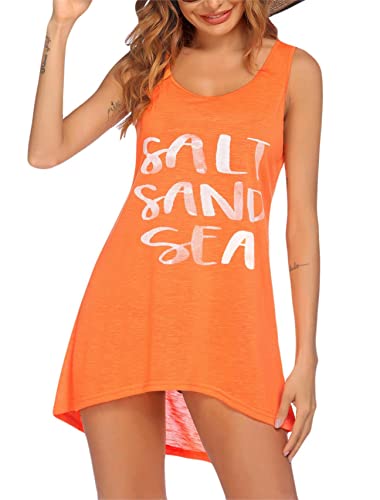 Ekouaer Damen Sommerkleid ärmellos Strandkleid Strandtunika Vertuschen Shirt Beach Kleid Sexy Kurz, Orange, L von Ekouaer