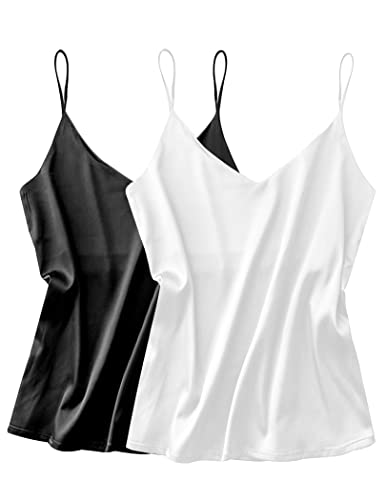 Ekouaer Damen Spaghetti Top Seide Satin Unterhemden Valentinstagsgeschenk Basic Tanks Verstellbarer Strap Cami Camisole V-Ausschnitt Ärmellos für Frauen Weiß+Schwarz M von Ekouaer