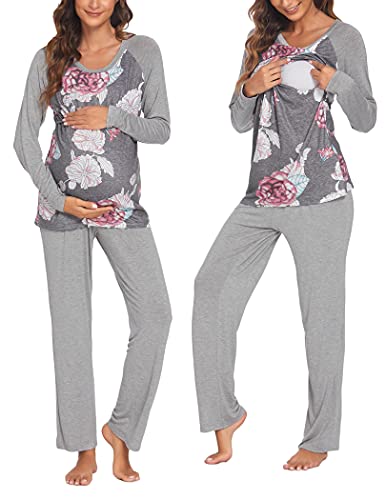 Ekouaer Damen Still-Pyjama für Schwangerschaft Zweiteiliger Schlafanzug Rundhals Umstandpyjama Set Casual Krankenhauspyjama Herbst Grau Floral L von Ekouaer