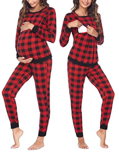 Ekouaer Damen Stillpyjama Set Langarm Thermo Zweiteiliger Schlafanzug Streifen Umstands Schlafanzug mit O Ausschnitt für Schwangere Schwarz-Rot Kariert L von Ekouaer