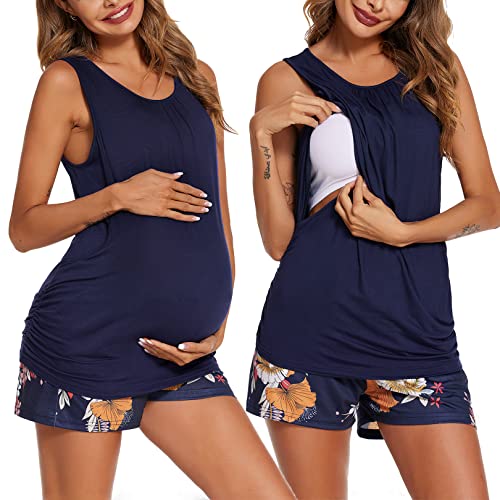 Ekouaer Damen Stillpyjama Zweiteiliger Stillen Schlafanzug Ärmellos Umstandsmode Ärmellos Stillshirt und Hose Blumen Navy L von Ekouaer