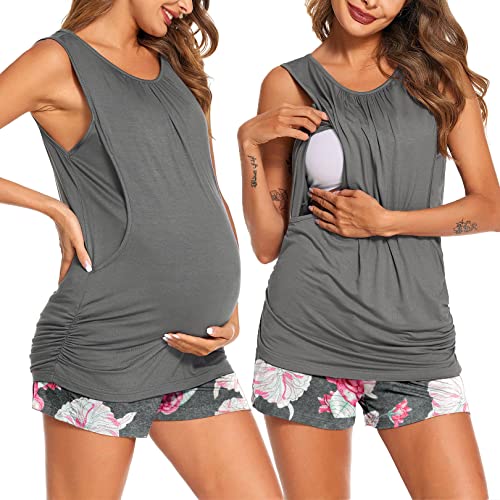 Ekouaer Damen Stillpyjama Zweiteiliger Stillen Schlafanzug Ärmellos Umstandsmode Ärmellos Stillshirt und Hose Blumen grau L von Ekouaer