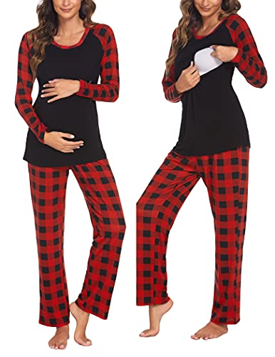 Ekouaer Damen Stillschlafanzug Langarm Geburt stillpyjama für Schwangerschaft Homewear Zweiteilige Nachtwäsche Wochenbett Rot Kariert XXL von Ekouaer