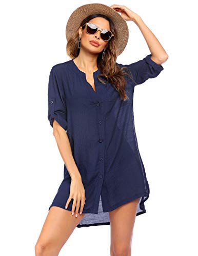 Ekouaer Damen Strandkleid Bikini Cover Up Strandponcho Sommer Bademode Strand Vertuschen Shirt Navyblau S von Ekouaer