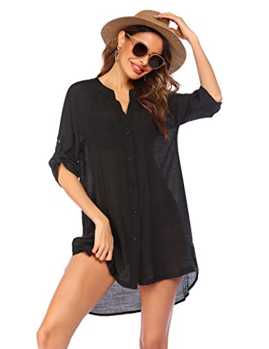 Ekouaer Damen Strandkleid Hemdkleid Bikini Cover Up Strandponcho Sommer Bademode Strand Vertuschen Shirt Schwarz XXXL von Ekouaer