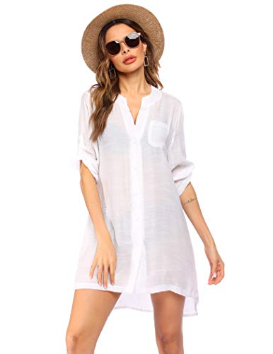 Ekouaer Damen Strandkleid Sommer Loose Bikini Cover Up Leichte Frauen Strandbekleidung 3/4 Ärmel Rollenhülse Flowy Strandurlaub, Weiß, L von Ekouaer