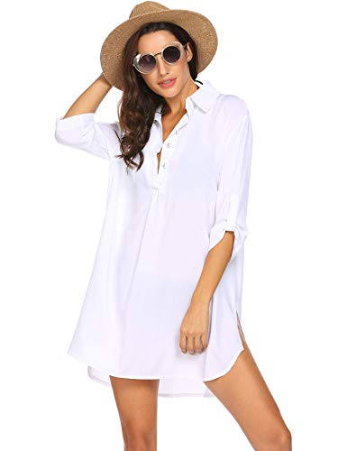 Ekouaer Damen Strandkleid Hemdkleid Kleidung Strand Hemdkleid V-Ausschnitt Rock Sommer Cuffed Sleeve Shirts Tops, Weiß, M von Ekouaer