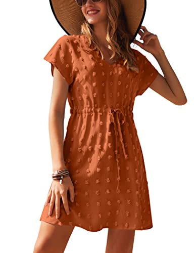 Ekouaer Damen Strandkleid Kurzarm Strandtunika V-Ausschnitt Bikini Cover Up Strandponcho Tunika Damen Sommer Midikleid Sommerkleid Karamellfarbe XXL von Ekouaer
