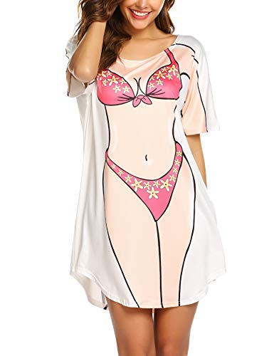 Ekouaer Damen Strandkleid Sexy Bikini Cover Up Kurzarm T-Shirt Strandponcho Sommer Kurz Shirts Lustig Aufdruck Tops Fun Leicht, Rosa, M von Ekouaer