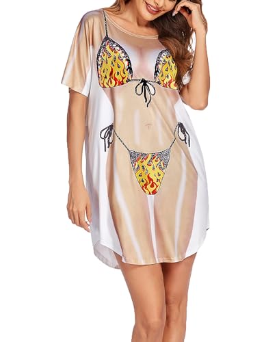 Ekouaer Damen Strandkleid Sexy Bikini Cover Up Kurzarm T-Shirt Lustig Aufdruck Sommer Kurz Shirts Tops Fun Leicht Sommerkleid Lustig, Flamme, M von Ekouaer