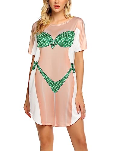 Ekouaer Damen Strandkleid Sexy Bikini Cover Up Kurzarm T-Shirt Strandponcho Sommer Kurz Shirts Tops Fun Leicht Sommerkleid Lustig, Grün, M von Ekouaer