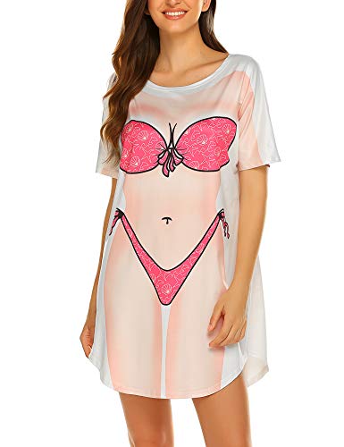 Ekouaer Damen Strandkleid Sexy Bikini Cover Up Kurzarm T-Shirt Strandponcho Sommer Kurz Shirts Bikini Aufdruck Tops Fun Leicht, Rosa, L von Ekouaer