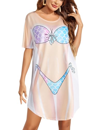 Ekouaer Strandkleid Damen Kurz Leicht T-Shirt mit Bikini Aufdruck Sommer Bikini Cover Up Kurzarm Beachwear Beachkleider, Wassernixe, S von Ekouaer