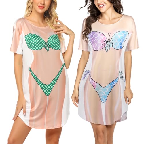 Ekouaer Damen Strandkleid Sexy Bikini Cover Up Kurzarm T-Shirt Strandponcho Sommer Kurz Shirts Tops Fun Leicht 2pcs, Grün+glänzend, XL von Ekouaer