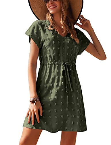Ekouaer Damen Strandkleid Kurzarm Strandtunika V-Ausschnitt Bikini Cover Up Strandponcho Tunika Damen Sommer Midikleid Sommerkleid Armeegrün M von Ekouaer