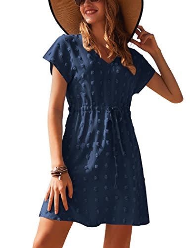 Ekouaer Sommerkleid Damen Kleider Casual V-Ausschnitt Midikleid Kurzarm A-Linie Kleid Swiss Dots Strandkleid Marineblau XXL von Ekouaer
