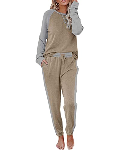 Ekouaer Damen Sweatsuits Sets Langarm 2 Stück Outfits Set Weich Trainingsanzug Jogger Set mit Taschen, Khaki, X-Large von Ekouaer