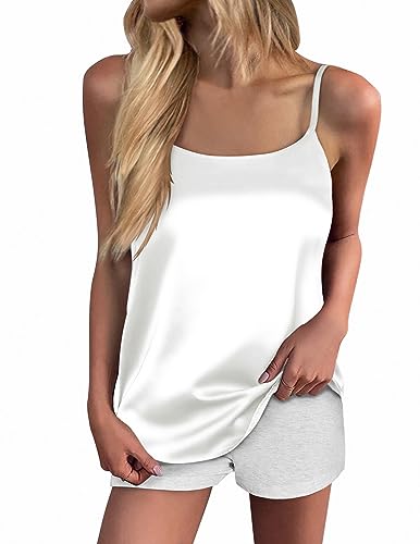 Ekouaer Damen-Tanktop, Seide, Spaghettiträger, Satin, Camiso-Top, Basic, Rundhalsausschnitt, Y-Rücken, seidiges Camis, S-XXL, A-weiß, Mittel von Ekouaer