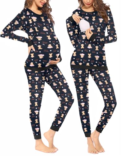 Ekouaer Damen Thermo Still Pyjama Set Langarm Umstands PyjamaStillschlafanzug Zweiteiliges Nachtwäsche für Schwangerschaft Teddybär S von Ekouaer