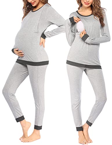 Ekouaer Damen Thermo Stillpyjama Set Langarm Umstands Schlafanzug mit U Ausschnitt Winter Streifen Umstandsmode für werdende Mutter Grau XL von Ekouaer