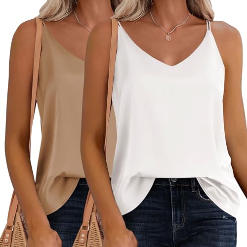 Ekouaer Damen Top Elegant Blusentop Sexy Unterhemden Ärmellos Verstellbarer Spaghetti Strap Basic Top 2pcs, Weiß+Khaki, XL von Ekouaer