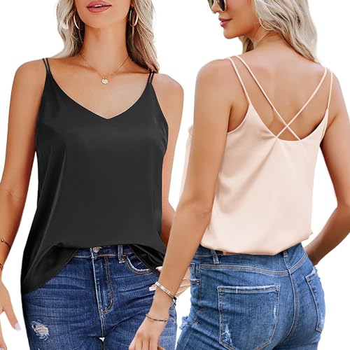 Ekouaer Damen Top Elegant Blusentop Sexy Unterhemd Ärmellos Verstellbarer Spaghetti Strap Basic Top 2pcs, Schwarz+Champagner, XL von Ekouaer