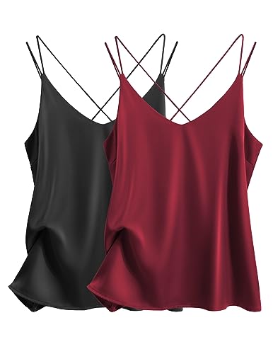 Ekouaer Damen Top Elegant Blusentop Sexy Unterhemd Ärmellos Verstellbarer Spaghetti Strap Basic Top 2pcs, Schwarz+Weinrot, XL von Ekouaer