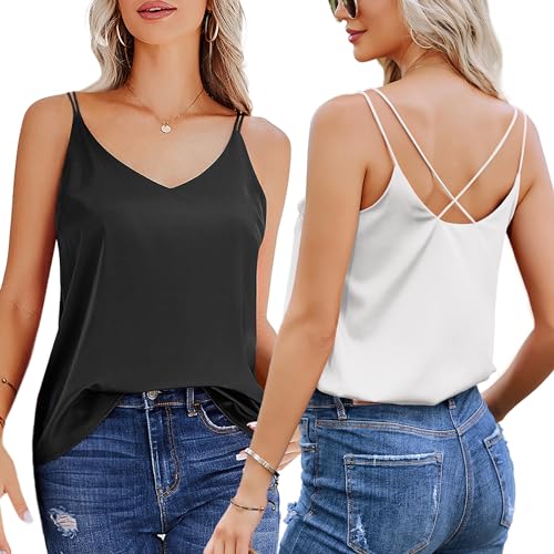 Ekouaer Damen Top Elegant Blusentop Sexy Unterhemden Ärmellos Verstellbarer Spaghetti Strap Basic Top 2pcs, Schwarz+Weiß, XL von Ekouaer