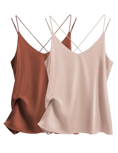 Ekouaer Satin Tank Top Damen Elegant Unterhemden Satin Basic Top Tanks Ärmellos Dessous 2pcs Tanktop, Karamell+Champagner, L von Ekouaer