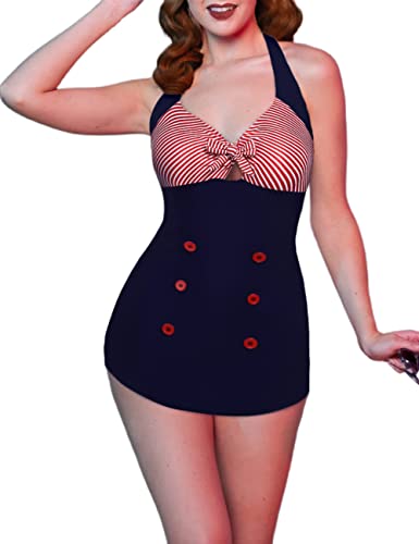 Ekouaer Damen Vintage Retro gestreifter Badeanzug Pin up Halter Monokini Badeanzug XX-Large Rot 2 von Ekouaer