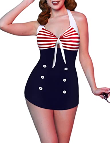 Ekouaer Damen Vintage Retro gestreifter Badeanzug Pin up Halter Monokini Badeanzug XX-Large rot von Ekouaer