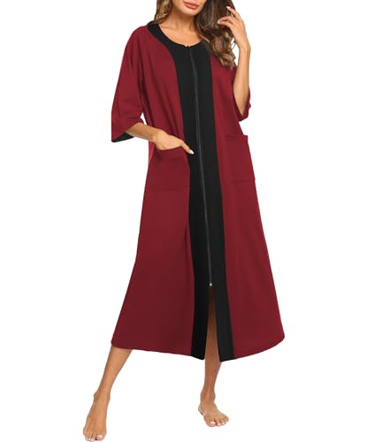 Ekouaer Damen nachthemdem hausmäntel Plus Size Haus Kleider kurz Ärmel Zipper Robes xx-Large weinrot von Ekouaer